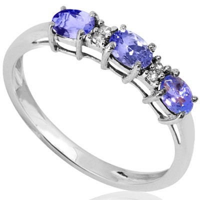 ENTHRALLING TRIPLE GENUINE TANZANITE DOUBLE GENUINE DIAMONDS 0.925 STERLING SILVER W/ PLATINUM RING