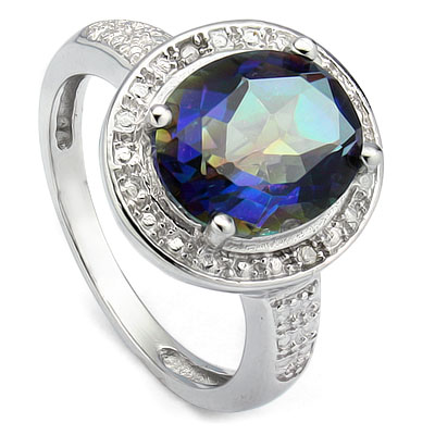 PRECIOUS 3.3 CARAT BLUE MYSTIC GEMSTONE & DOUBLE GENUINE DIAMONDS PLATINUM OVER 0.925 STERLING SILVER RING
