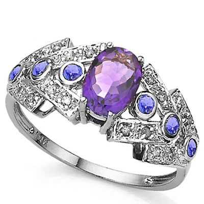 ASTONISHING AMETHYST AND TANZANITE WITH DOUBLE GENUINE DIAMONDS PLATINUM OVER 0.925 STERLING SILVER RING