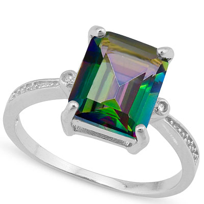 EXQUISITE 2.8 CARAT GREEN MYSTIC GEMSTONE WITH GENUINE DIAMONDS PLATINUM OVER 0.925 STERLING SILVER RING