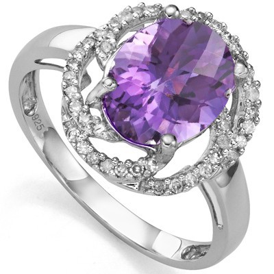 AWESOME 2.55 CT AMETHYST WITH DOUBLE GENUINE DIAMONDS 0.925 STERLING SILVER W/ PLATINUM RING