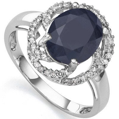 ASTONISHING 3.00 CT GENUINE BLACK SAPPHIRE WITH DOUBLE GENUINE DIAMONDS 0.925 STERLING SILVER W/ PLATINUM RING