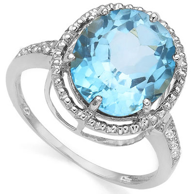 BEAUTIFUL 5.60 CT BLUE TOPAZ WITH DOUBLE GENUINE DIAMONDS 0.925 STERLING SILVER W/ PLATINUM RING