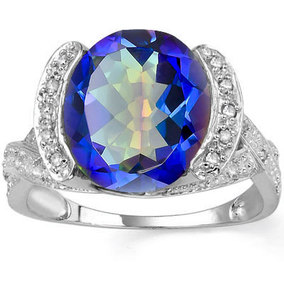 ALLURING 4.65 CARAT OCEAN MYSTIC GEMSTONE & DOUBLE GENUINE DIAMONDS PLATINUM OVER 0.925 STERLING SILVER RING