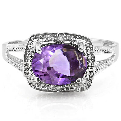 ALLURING 1.75 CARAT AMETHYST WITH DOUBLE GENUINE DIAMONDS PLATINUM OVER 0.925 STERLING SILVER RING