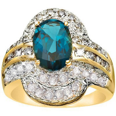 （See Video Inside） <B>DEA-</B>CLASSIC 2.19 CT LONDON BLUE TOPAZ & 8 PCS GENUINE DIAMOND 14K SOLID YELLOW GOLD RING