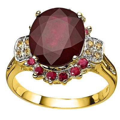 PRETTY 3.34 CT AFRICAN RUBY & 8 PCS WHITE DIAMOND  14K SOLID YELLOW GOLD RING