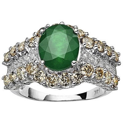 <B>DEA-</B>GLAMOROUS 2.45 CT GENUINE EMERALD & 24 PCS GENUINE DIAMOND 14K SOLID WHITE GOLD RING