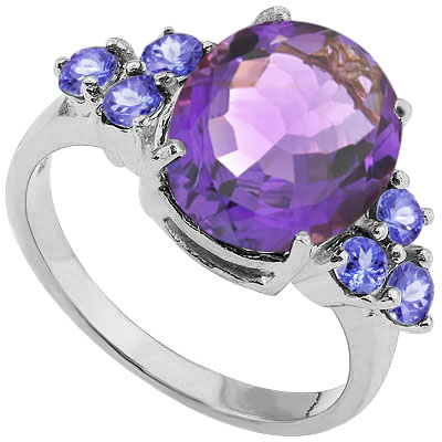 MARVELOUS 3.0 CARAT AMETHYST WITH 3MM GENUINE TANZANITE PLATINUM OVER 0.925 STERLING SILVER RING