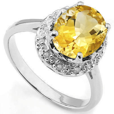 GREAT 2.47 CARAT CITRINE WITH DOUBLE GENUINE DIAMONDS PLATINUM OVER 0.925 STERLING SILVER RING