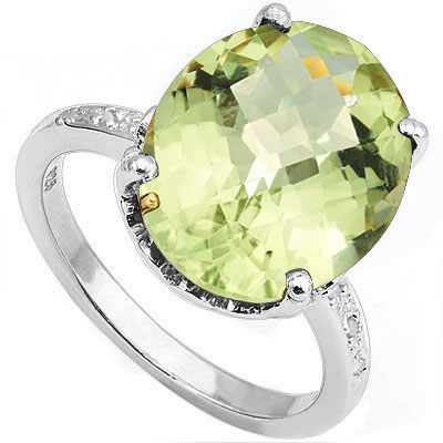 MAGNIFICENT 8.20 CT GREEN AMETHYST WITH DOUBLE GENUINE DIAMONDS 0.925 STERLING SILVER W/ PLATINUM RING