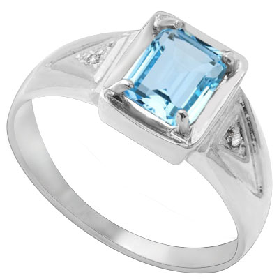 GREAT 1.16 CARAT BLUE TOPAZ WITH DOUBLE GENUINE DIAMONDS PLATINUM OVER 0.925 STERLING SILVER RING