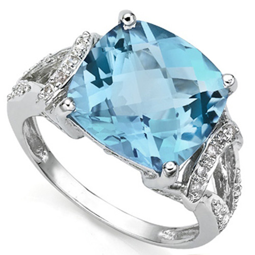 5 CARAT CREATED BLUE TOPAZ & 1/5 CARAT 22 PCS DIAMOND 925 STERLING SILVER RING