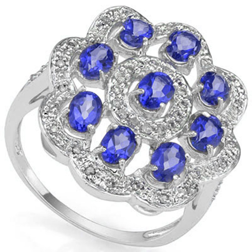 EXQUISITE 1.36 CARAT TW (9 PCS) GENUINE TANZANITE & 44PCS GENUINE DIAMONDS 10K SOLID WHITE GOLD RING