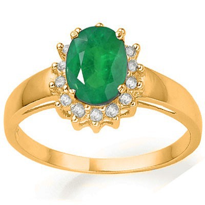 CHARMING 1.24 CT GENUINE EMERALD & 14 PCS WHITE DIAMOND 14K SOLID YELLOW GOLD RING