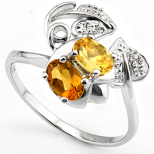 EXQUISITE 0.90 CT CITRINE WITH DOUBLE DIAMONDS 0.925 STERLING SILVER W/ PLATINUM RING