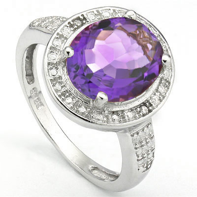 PERFECT 3.15 CARAT AMETHYST WITH DOUBLE GENUINE DIAMONDS PLATINUM OVER 0.925 STERLING SILVER RING