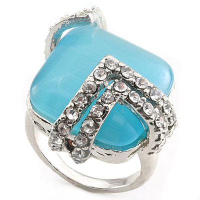 MESMERIZING! HUGE BLUE CREATED GEMSTONE & MULTIPLE CREATED GEMSTONES WHITE ALLOY RING