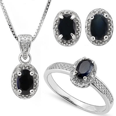 SMASHING 2.6 CT GENUINE SAPPHIRE WITH GENUINE DIAMONDS PLATINUM OVER 0.925 STERLING SILVER SET