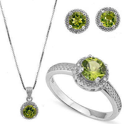 SMASHING 3.83 CARAT PERIDOT WITH DOUBLE GENUINE DIAMONDS PLATINUM OVER 0.925 STERLING SILVER SET