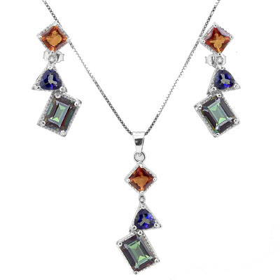 SMASHING 3.17 CARAT MIXED PRECIOUS GEMSTONE PLATINUM OVER 0.925 STERLING SILVER SET