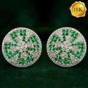 LUXURY COLLECTION ! 0.66 CT GENUINE EMERALD & 0.62 CT GENUINE DIAMOND 18KT SOLID GOLD EARRINGS
