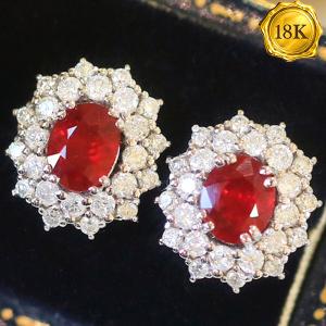 LUXURY COLLECTION ! (CERTIFICATE REPORT) 0.80 CT GENUINE MOZAMBIQUE RUBY & 0.46 CT GENUINE DIAMOND 18KT SOLID GOLD EARRINGS