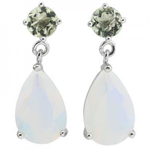 PRECIOUS ! WOMENS 14K WHITE GOLD OVER SOLID STERLING SILVER 1.07 CT GREEN AMETHYST & 8.76 CT CREATED ETHIOPIAN OPAL DANGLE EARRINGS