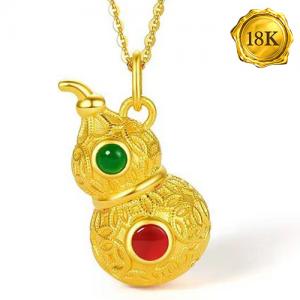 LUXURIANT ! TRADITIONAL ASIA GREEN & RED AGATE 3D 18KT SOLID GOLD GOURD HOLLOW PENDANT