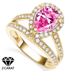 (CERTIFICATE REPORT) 2.00 CT PINK DIAMOND MOISSANITE (PEAR CUT/VVS) & 1/2 CT GENUINE DIAMOND 10KT SOLID GOLD RING