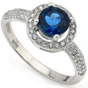 SMASHING ! 14K WHITE GOLD OVER SOLID STERLING SILVER 1/4 CT CREATED WHITE SAPPHIRE & 3/4 CT LONDON BLUE TOPAZ RING