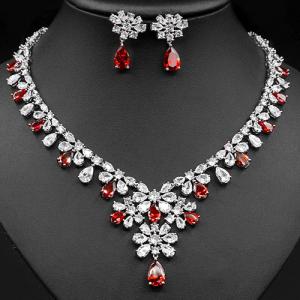 NEW! CREATED RUBY & WHITE SAPPHIRE EARRINGS & NECKLACE 18K WHITE GOLD PLATED GERMAN SILVER SET