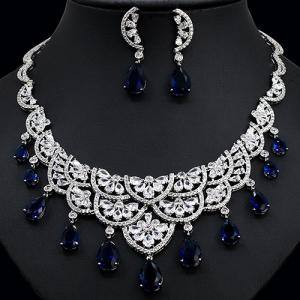 NEW! CREATED SAPPHIRE & WHITE SAPPHIRE EARRINGS & NECKLACE 18K WHITE GOLD PLATED GERMAN SILVER SET