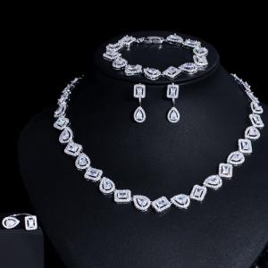NEW! CREATED WHITE SAPPHIRE RING EARRINGS BRACELET & NECKLACE 4-PIECE WEDDING JEWELRY 18K WHITE GOLD PLATED GERMAN SILVER SET