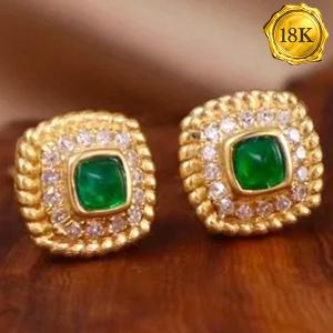 LUXURY COLLECTION ! 0.30 CT GENUINE EMERALD & 0.10 CT GENUINE DIAMOND 18KT SOLID GOLD EARRINGS