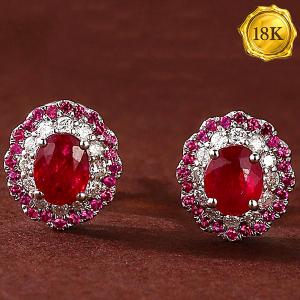 LUXURY COLLECTION ! 0.65 CT GENUINE RUBY & 0.25 CT GENUINE DIAMOND 18KT SOLID GOLD EARRINGS
