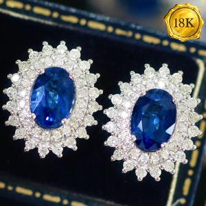 LUXURY COLLECTION ! (CERTIFICATE REPORT) 2.20 CT GENUINE SRI LANKA SAPPHIRE & 0.60 CT GENUINE DIAMOND 18KT SOLID GOLD EARRINGS