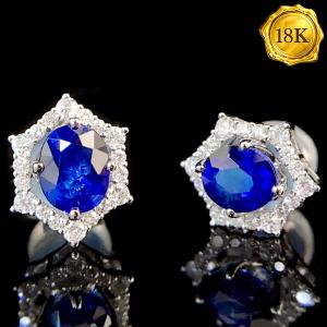 LUXURY COLLECTION ! 1.00 CT GENUINE SAPPHIRE & 0.20 CT GENUINE DIAMOND 18KT SOLID GOLD EARRINGS