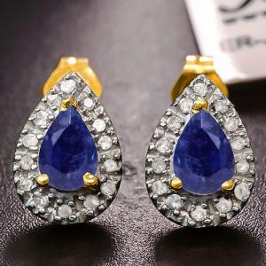 ADORABLE ! 1.00 CT DIFFUSION GENUINE SAPPHIRE & 1/5 CT DIAMOND 10KT SOLID GOLD EARRINGS STUD