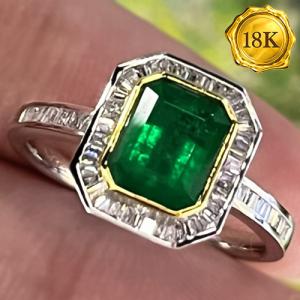 LUXURY COLLECTION ! (CERTIFICATE REPORT) 1.34 CT GENUINE EMERALD & 0.30 CT GENUINE DIAMOND 18KT SOLID GOLD RING