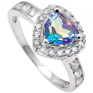 PRECIOUS ! WOMENS 14K WHITE GOLD OVER SOLID STERLING SILVER 1/3 CT CREATED WHITE SAPPHIRE & 1.17 CT OCEAN MYSTIC GEMSTONE RING