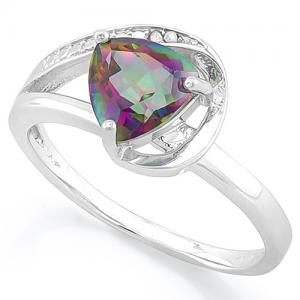 PRICELESS ! WOMENS 14K WHITE GOLD OVER SOLID STERLING SILVER DIAMONDS & 1.20 CT MYSTIC GEMSTONE RING