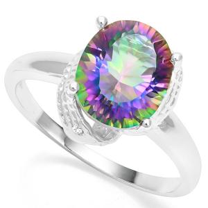 ELEGANT ! WOMENS 14K WHITE GOLD OVER SOLID STERLING SILVER DIAMONDS & 2.41 CT MYSTIC GEMSTONE RING