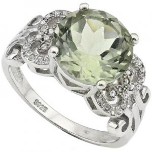SPARKLING WOMENS 14K WHITE GOLD OVER SOLID STERLING SILVER 3.43 CT GREEN AMETHYST & 0.16 CT CREATED WHITE SAPPHIRE RING