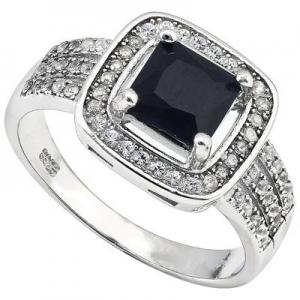 BEAUTIFUL ! WOMENS 14K WHITE GOLD OVER SOLID STERLING SILVER DIAMONDS & 1.26 CT GENUINE BLACK SAPPHIRE RING