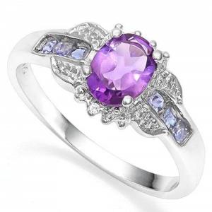 STUNNING ! WOMENS 14K WHITE GOLD OVER SOLID STERLING SILVER 1/4 CT GENUINE TANZANITE & 4/5 CT AMETHYST RING