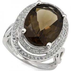 ELITE ! WOMENS 14K WHITE GOLD OVER SOLID STERLING SILVER 1/2 CT CREATED WHITE SAPPHIRE & 7.74 CT SMOKEY TOPAZ  RING