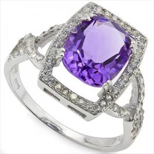 ELEGANT ! WOMENS 14K WHITE GOLD OVER SOLID STERLING SILVER 1/3 CT CREATED WHITE SAPPHIRE & 3.65 CT AMETHYST RING