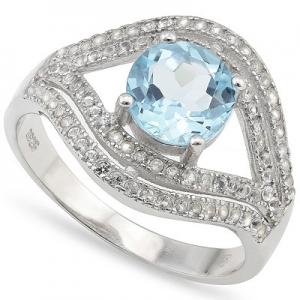 GORGEOUS ! WOMENS 14K WHITE GOLD OVER SOLID STERLING SILVER DIAMONDS & 1.15 CT BABY SWISS BLUE TOPAZ RING