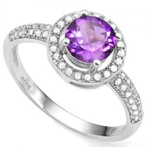 DAZZLING ! 14K WHITE GOLD OVER SOLID STERLING SILVER 1/4 CT CREATED WHITE SAPPHIRE & 1.00 CT AMETHYST RING